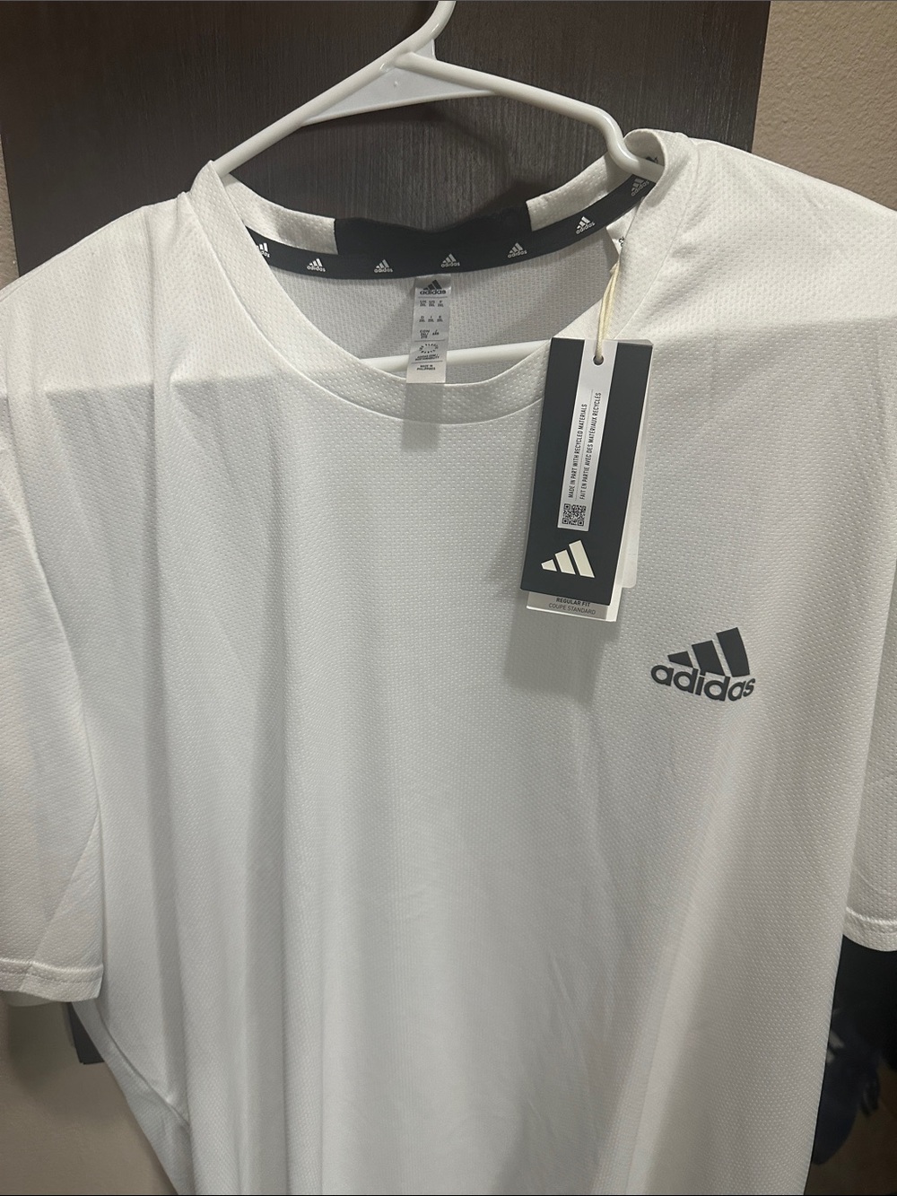 adidas White Short Sleeve Athletic Tee with Black Logo Tag